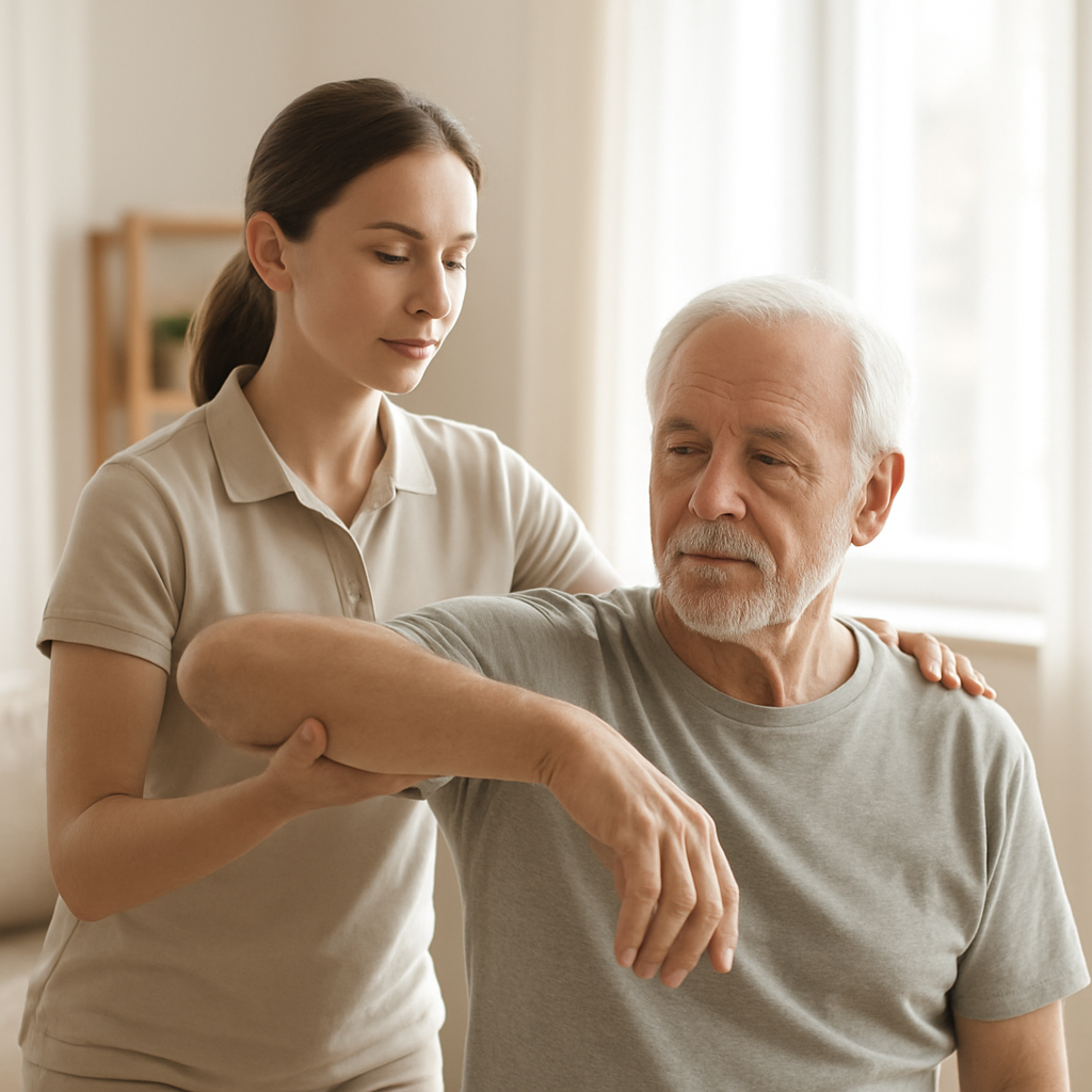 Physiotherapist supporting a patient through a mobility exercise at home